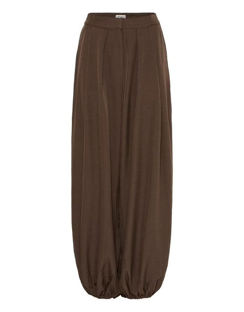 Weit geschnittene Ihfava Haremshose von ICHI in Slate Black Melange/Brown mit Ballonform, Falten und elastischem Bund.