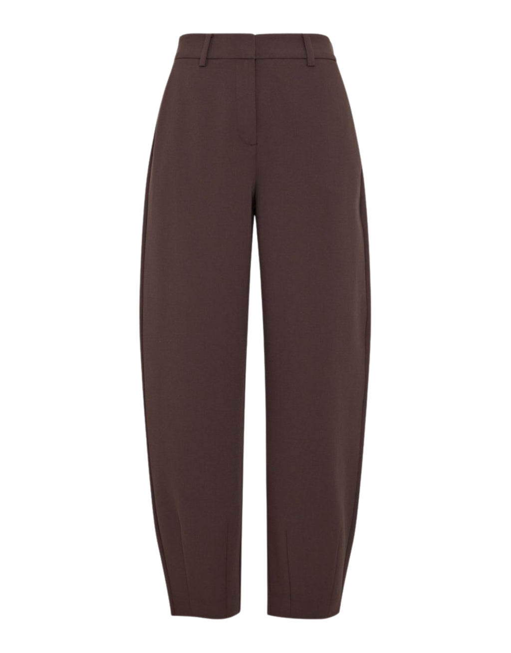 Dunkelbraune Macy Michelle HW Barrel Hose von MSCH Copenhagen mit hoher Taille, knöchellanger Silhouette und moderner, geschwungener Beinform von vorne