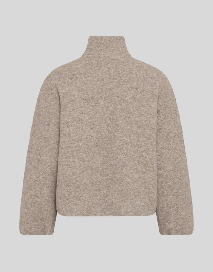 Kurze Annike Wool Teddyjacke von MSCH Copenhagen in Warm Light Grey Melange mit hohem Kragen, Zwei-Wege-Reißverschluss und Bomber-Passform.