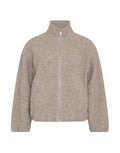 Kurze Annike Wool Teddyjacke von MSCH Copenhagen in Warm Light Grey Melange mit hohem Kragen, Zwei-Wege-Reißverschluss und Bomber-Passform.