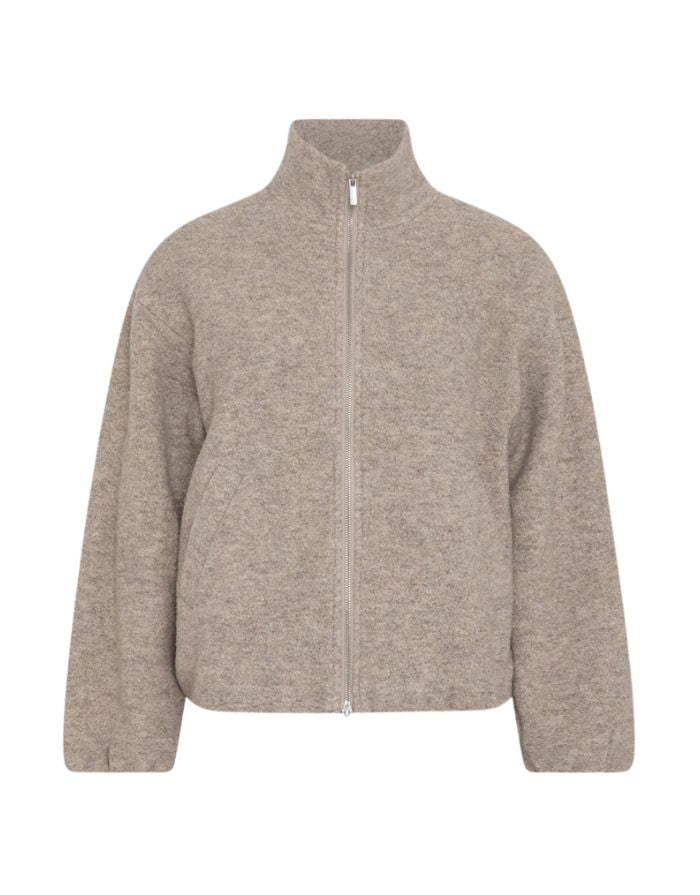 Kurze Annike Wool Teddyjacke von MSCH Copenhagen in Warm Light Grey Melange mit hohem Kragen, Zwei-Wege-Reißverschluss und Bomber-Passform.