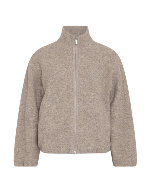 Kurze Annike Wool Teddyjacke von MSCH Copenhagen in Warm Light Grey Melange mit hohem Kragen, Zwei-Wege-Reißverschluss und Bomber-Passform.