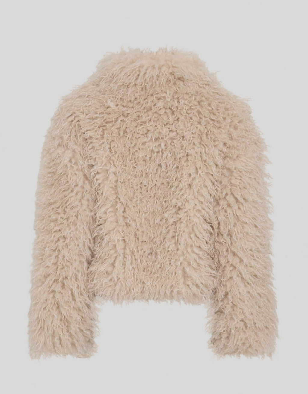Beige Mila Jacke Kunstfelljacke von MSCH Copenhagen mit flauschigem, langem Flor, breitem Kragen und kurzer, voluminöser Bomber-Silhouette von hinten