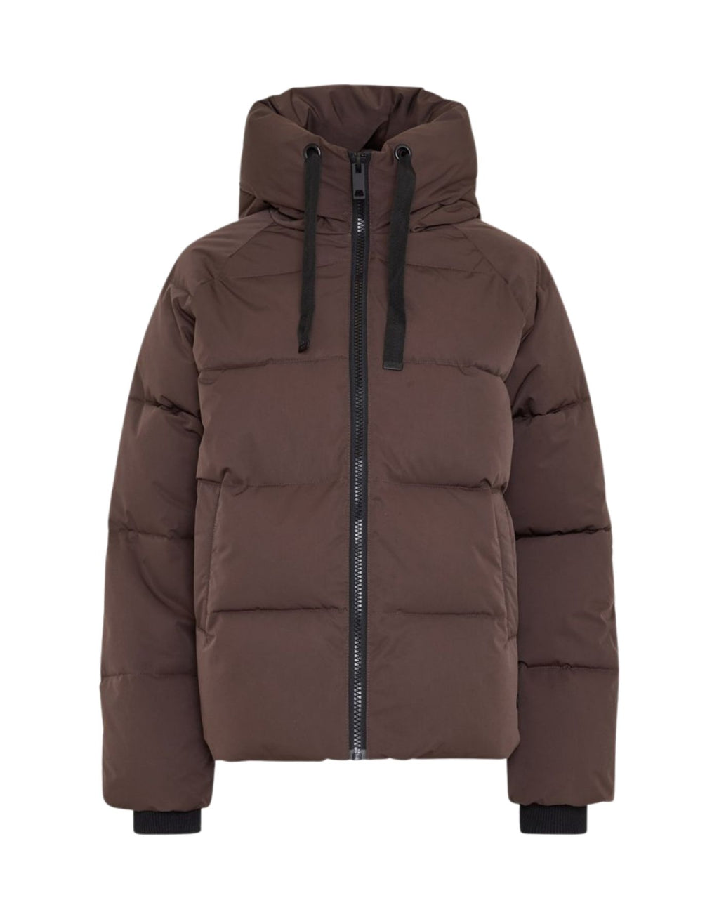 Braune kurze Winterjacke Pavinaria Short von MSCH Copenhagen in Hot Fudge mit Kapuze, hohem Kragen, leichter Wattierung und seitlichen Reißverschlüssen.