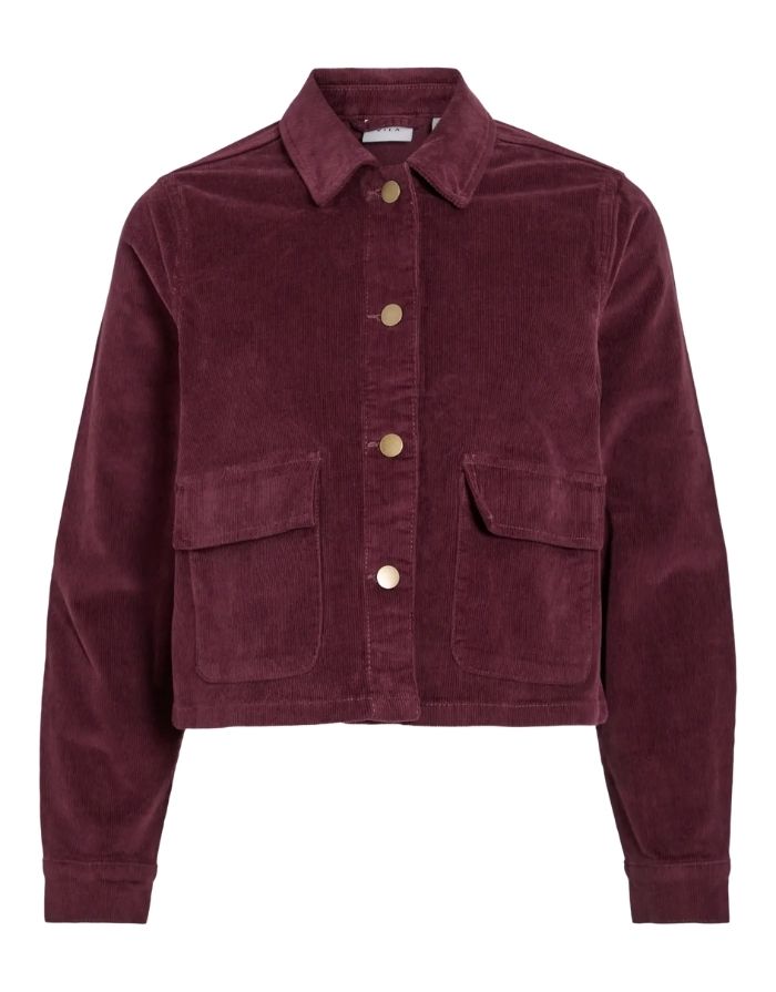 VILA Jacke Vifrost Cord in Fig – burgunderrote Cordjacke mit boxy Schnitt.