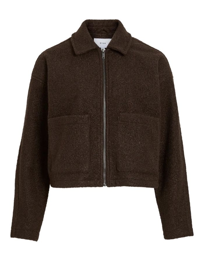  VILA Vijadas Jacke in Coffee Bean mit Reißverschluss, Hemdkragen und weicher Terry-Struktur.