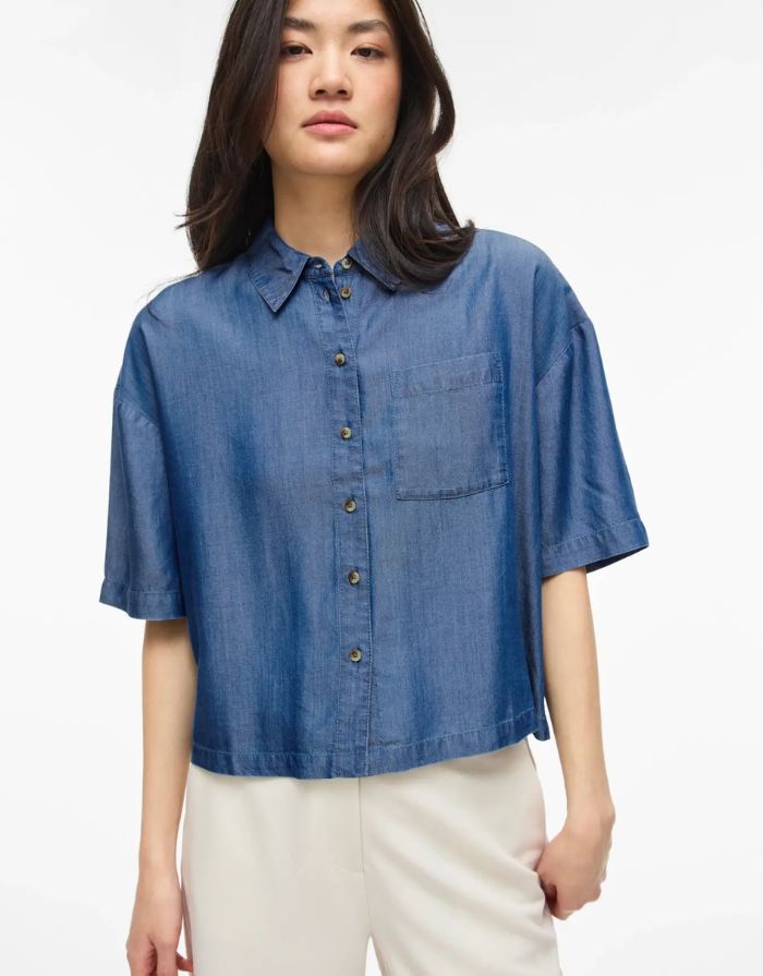 VILA Jeansshirt Vitevira 2/4 Medium Blue Denim aus TENCEL™ mit leichter, fließender Qualität.