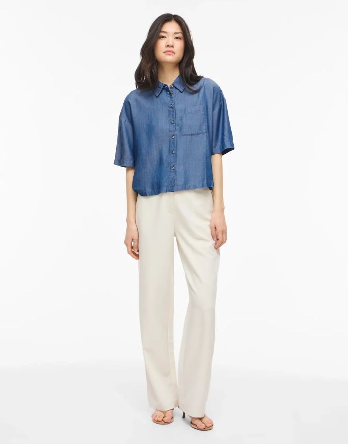 VILA Jeansshirt Vitevira 2/4 Medium Blue Denim aus TENCEL™ mit leichter, fließender Qualität.