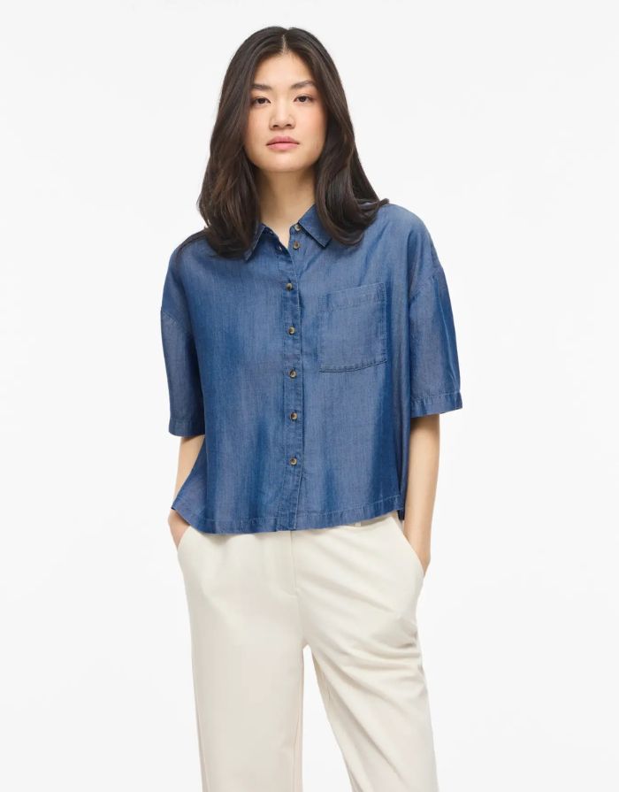 VILA Jeansshirt Vitevira 2/4 Medium Blue Denim aus TENCEL™ mit leichter, fließender Qualität.