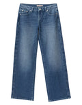 Mittelblaue Rebel Low Wide Jeans von Gina Tricot mit tief sitzendem Bund, lockerem Schnitt und weiten, gerade fallenden Hosenbeinen von vorne