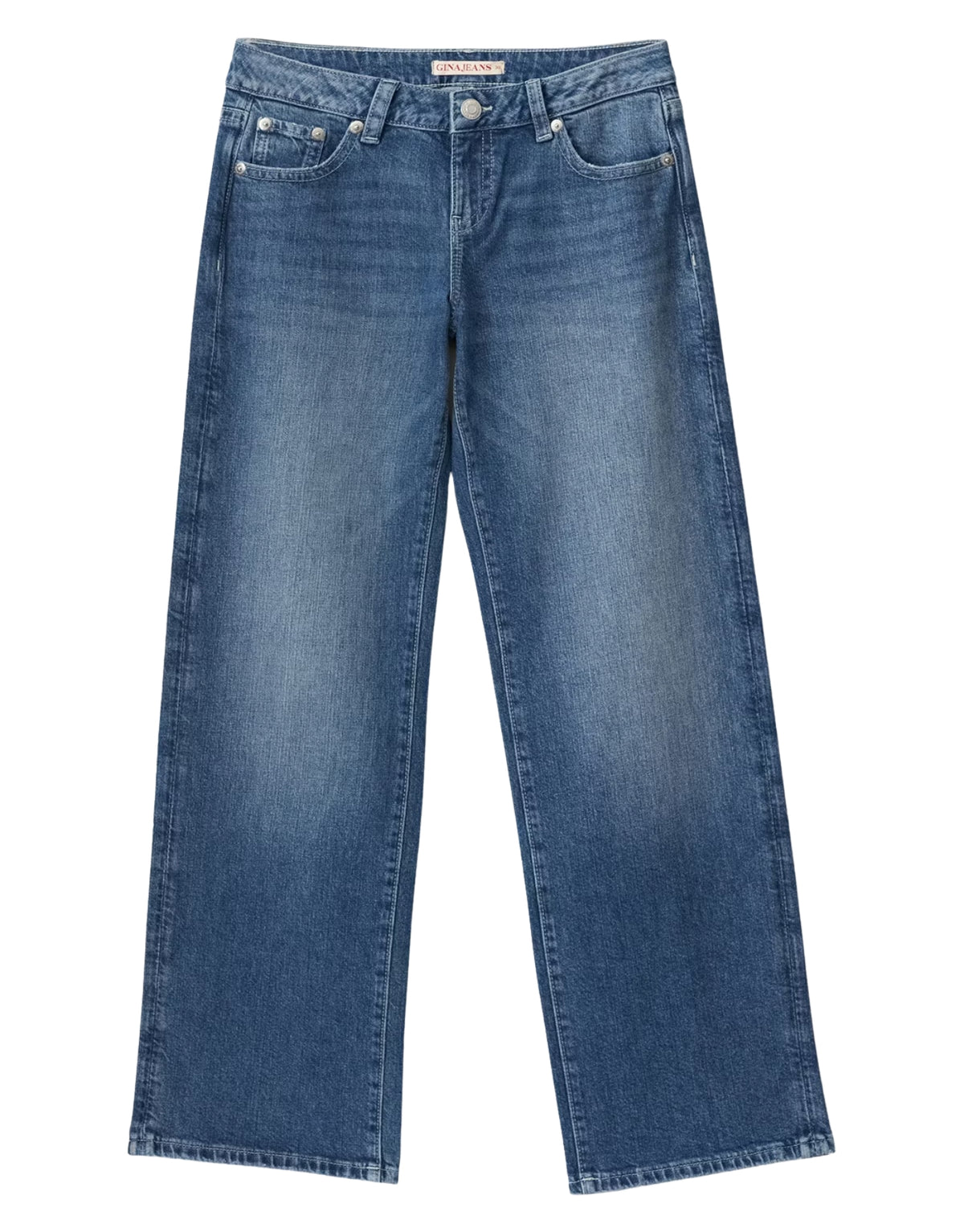 Mittelblaue Rebel Low Wide Jeans von Gina Tricot mit tief sitzendem Bund, lockerem Schnitt und weiten, gerade fallenden Hosenbeinen von vorne