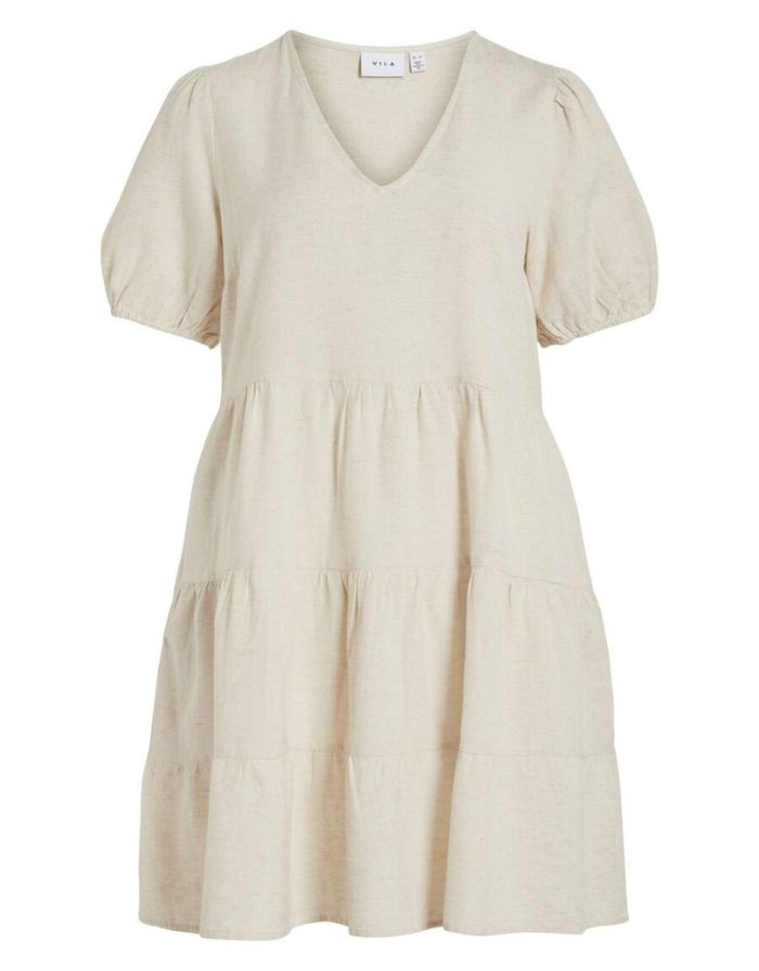 VILA Kleid Viprisilla Mini Super Light Natural Melange im Stufen-Look mit V-Ausschnitt und kurzen Ärmeln.