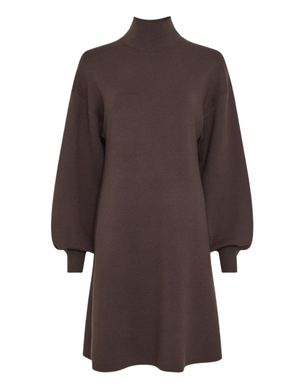 Braunes Strickkleid Mercy East M von MSCH Copenhagen in Delicioso mit hohem Kragen, Ballonärmeln und gerader Midi-Passform.