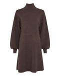Braunes Strickkleid Mercy East M von MSCH Copenhagen in Delicioso mit hohem Kragen, Ballonärmeln und gerader Midi-Passform.
