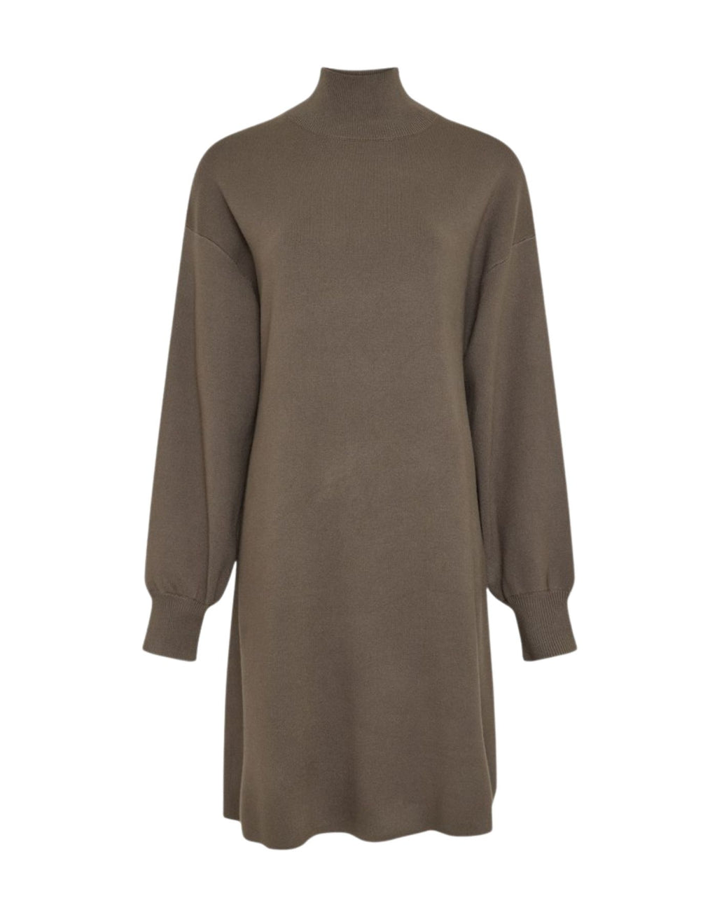 Grünes Strickkleid Mercy East M von MSCH Copenhagen in Kalamata mit hohem Kragen, Ballonärmeln und gerader Midi-Passform.