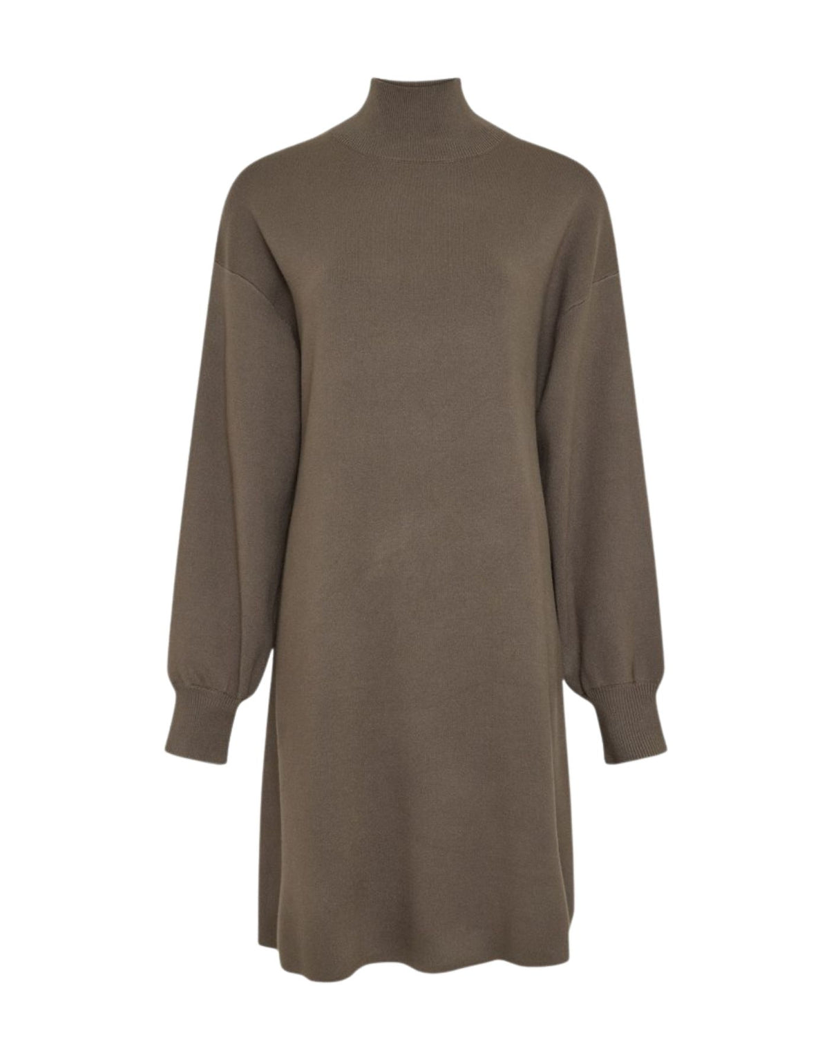 Grünes Strickkleid Mercy East M von MSCH Copenhagen in Kalamata mit hohem Kragen, Ballonärmeln und gerader Midi-Passform.