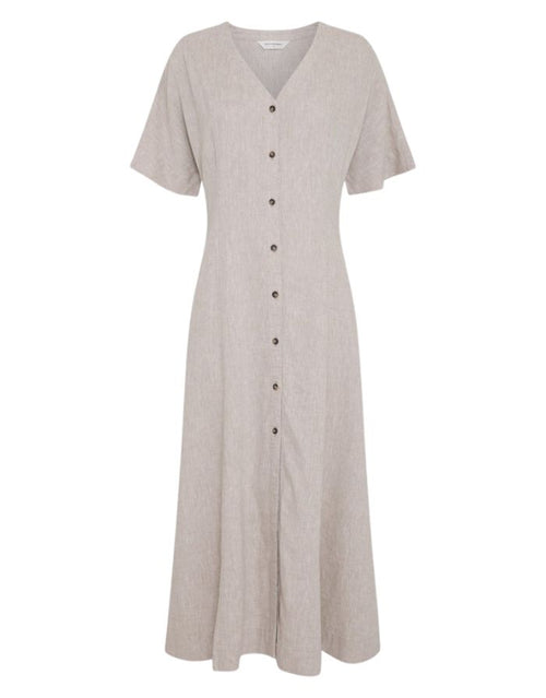  MSCH Copenhagen Kleid Viana Ginia 2/4 Sand Melange in Beige mit V-Ausschnitt und Knopfleiste.