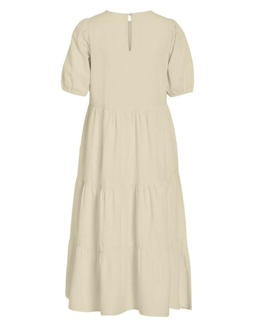VILA Kleid Viprisilla Super Light Natural Melange im Stufen-Look mit Puffärmeln und Keyhole-Ausschnitt.