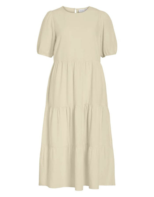 VILA Kleid Viprisilla Super Light Natural Melange im Stufen-Look mit Puffärmeln und Keyhole-Ausschnitt.