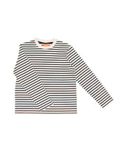 Laden Sie das Bild in den Galerie-Viewer, Popeia Langarmshirt in Schwarz-Weiß gestreift – Relaxed Fit, breiter Kragen, Bio-Baumwolle, Kindness-Spruch im Nacken
