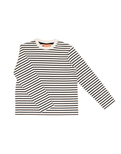 Popeia Langarmshirt in Schwarz-Weiß gestreift – Relaxed Fit, breiter Kragen, Bio-Baumwolle, Kindness-Spruch im Nacken