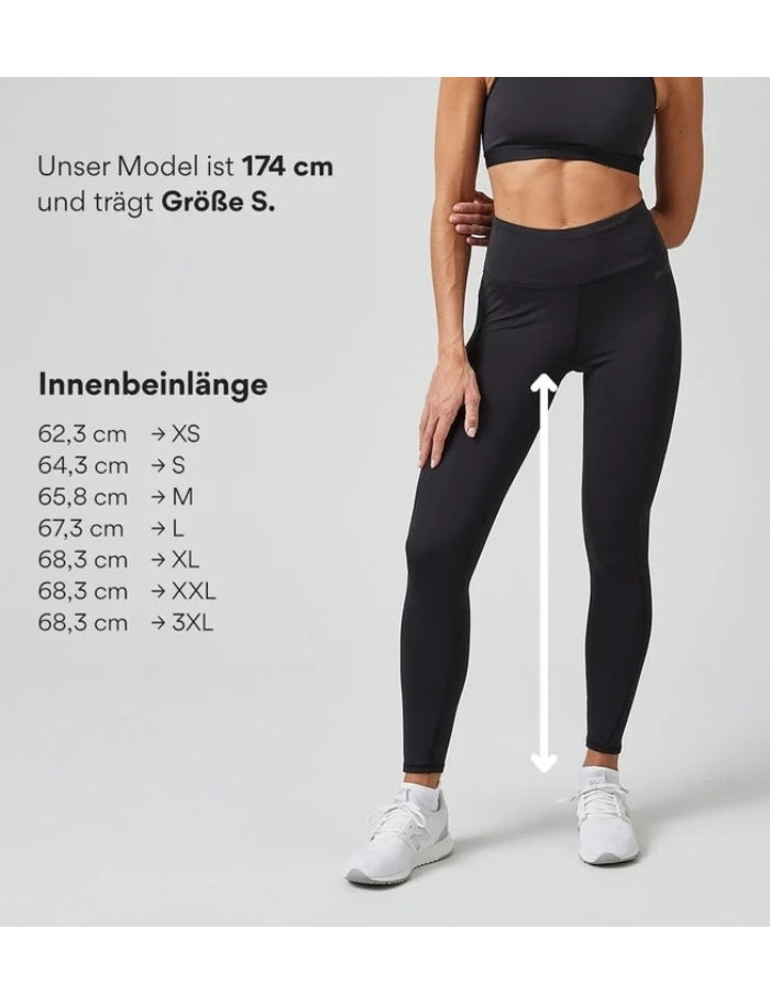 High-Waist-Leggings von SNOCKS mit hohem Bund aus flexiblem, blickdichtem Material mit recyceltem Polyester mit Beschreibung der Maße