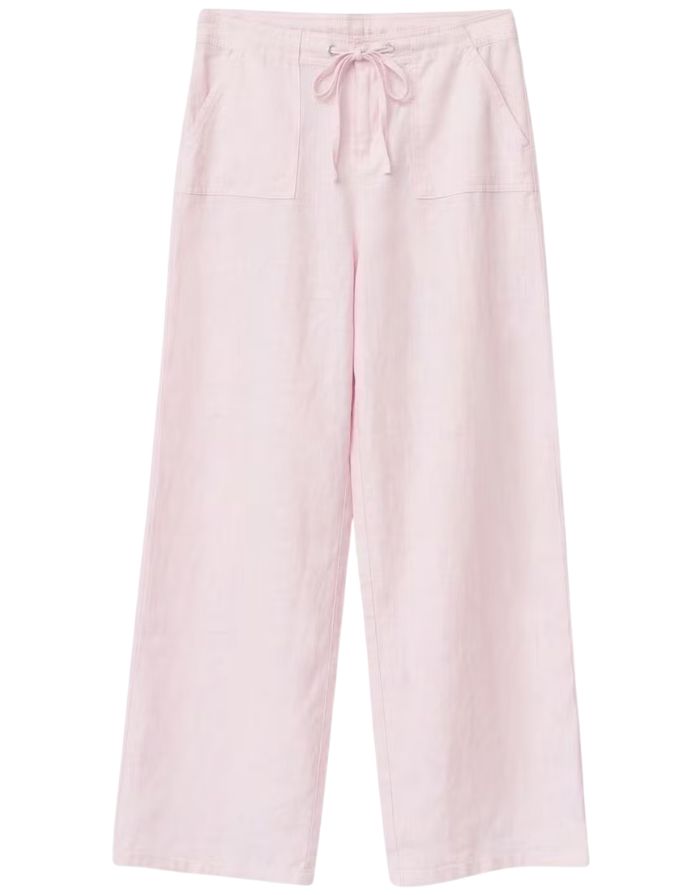 Gina Tricot rosa Leinenhose mit Bindeband, geradem Bein und lockerer Passform.