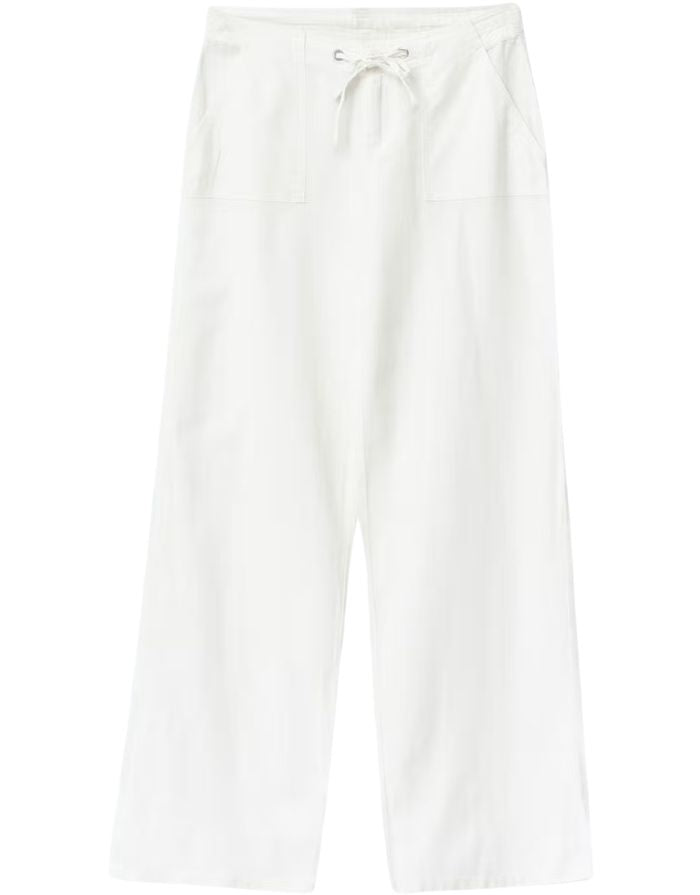 Gina Tricot weiße Leinenhose mit Bindeband, geradem Bein und lockerer Passform.