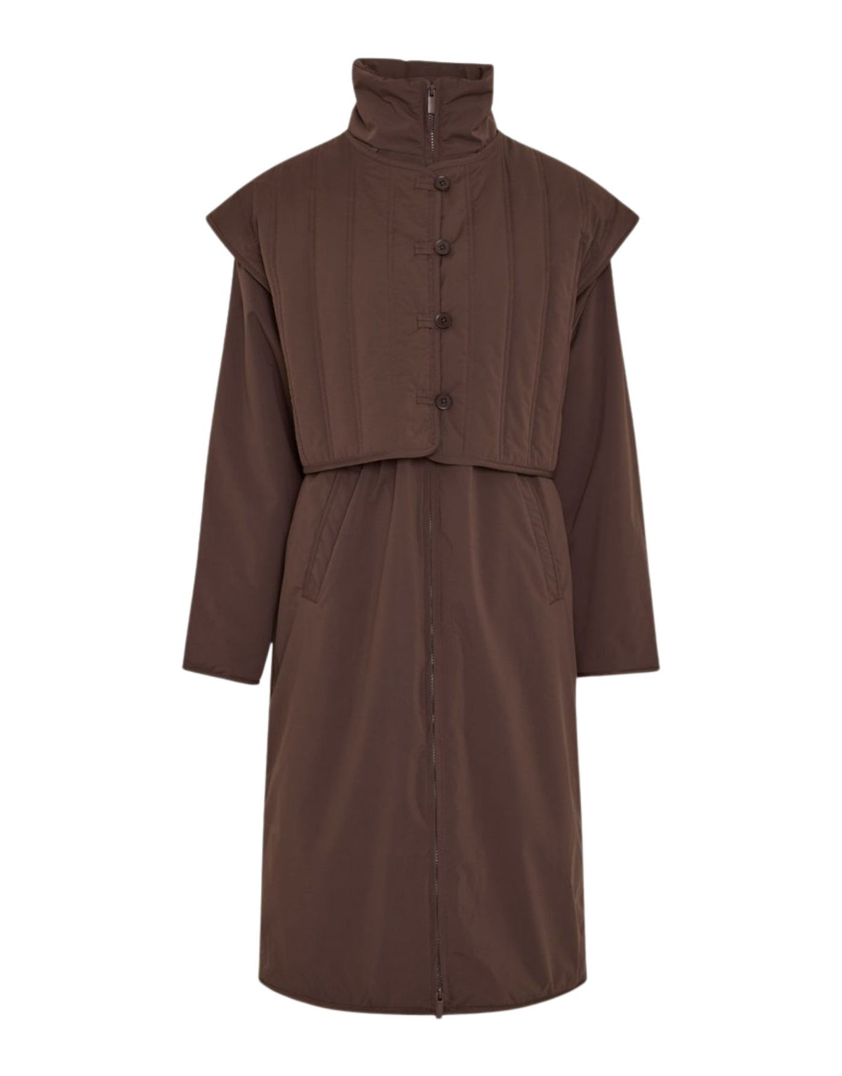 Dunkelbraune Jacke Aussi von MSCH Copenhagen in Hot Fudge mit leichter Wattierung, hohem Stehkragen und abnehmbarer gesteppter Weste.