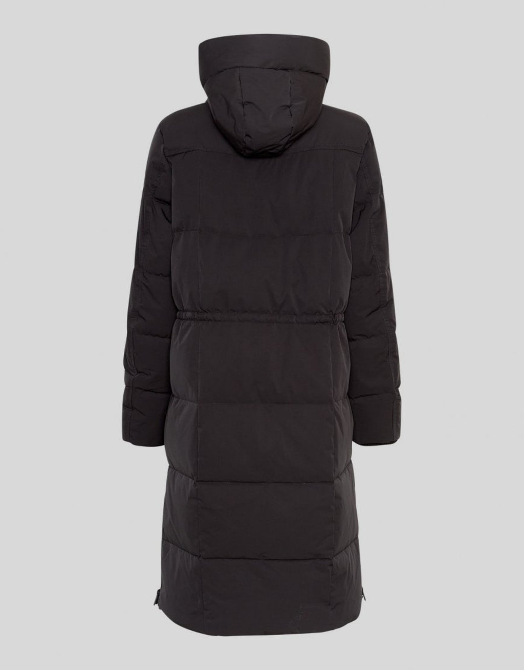 Schwarze MSCHZala Pavinaria Winterjacke von MSCH Copenhagen mit langer, leicht ausgestellter Passform, Kapuze, Zwei-Wege-Reißverschluss und wasserabweisender Steppoptik als Freisteller von hinten