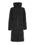 Schwarze MSCHZala Pavinaria Winterjacke von MSCH Copenhagen mit langer, leicht ausgestellter Passform, Kapuze, Zwei-Wege-Reißverschluss und wasserabweisender Steppoptik als Freisteller von vorne