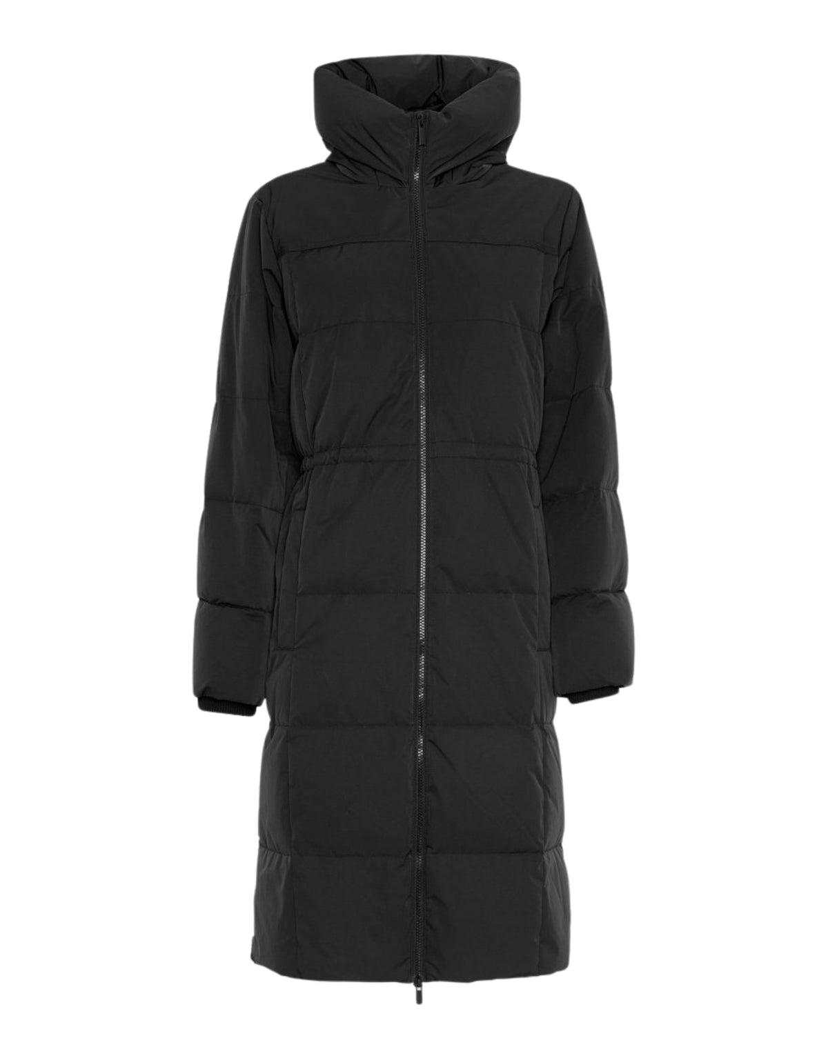 Schwarze MSCHZala Pavinaria Winterjacke von MSCH Copenhagen mit langer, leicht ausgestellter Passform, Kapuze, Zwei-Wege-Reißverschluss und wasserabweisender Steppoptik als Freisteller von vorne