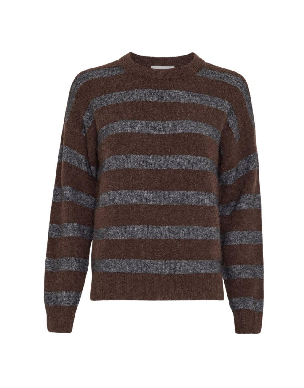Braun und grau gestreifter MSCHFestina Hope Pullover von MSCH Copenhagen aus weichem Woll- und Alpakamix mit Rundhalsausschnitt und langen Ärmeln.