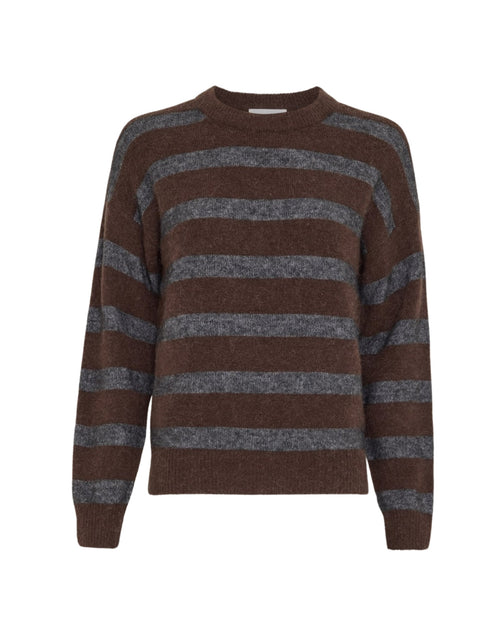 Braun und grau gestreifter MSCHFestina Hope Pullover von MSCH Copenhagen aus weichem Woll- und Alpakamix mit Rundhalsausschnitt und langen Ärmeln.