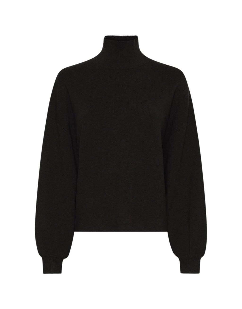 Schwarzer Strickpullover Mercy East von MSCH Copenhagen mit hohem Kragen, leicht weiten Ärmeln und gerippten Abschlüssen.