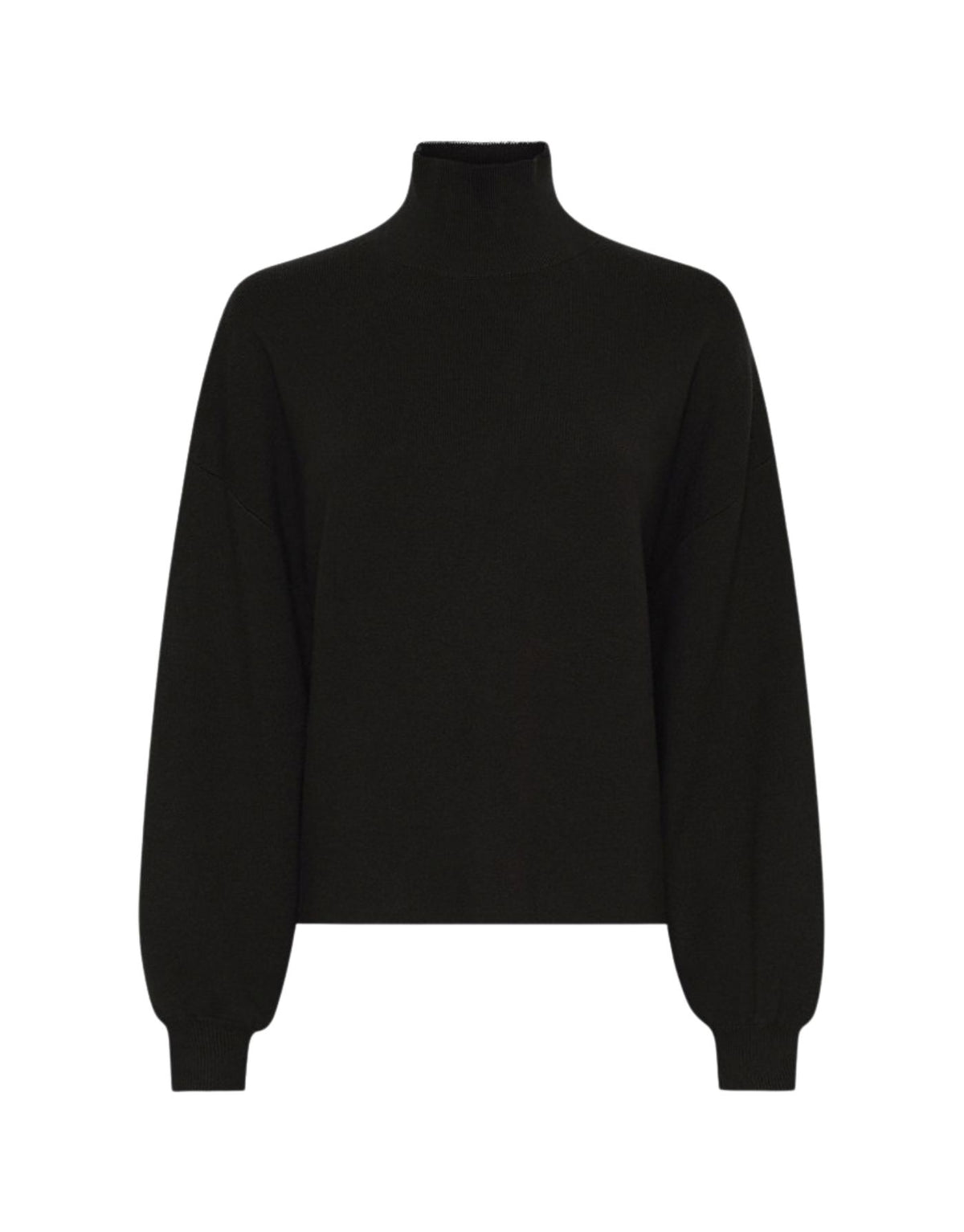 Schwarzer Strickpullover Mercy East von MSCH Copenhagen mit hohem Kragen, leicht weiten Ärmeln und gerippten Abschlüssen.