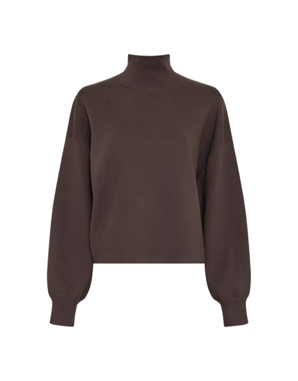 Brauner Strickpullover Mercy East von MSCH Copenhagen in Delicioso mit hohem Kragen, leicht weiten Ärmeln und gerippten Abschlüssen.