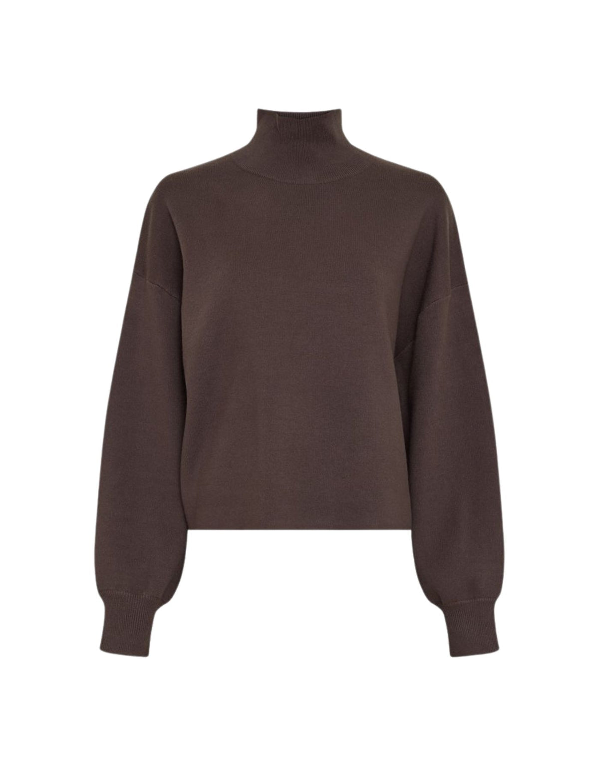 Brauner Strickpullover Mercy East von MSCH Copenhagen in Delicioso mit hohem Kragen, leicht weiten Ärmeln und gerippten Abschlüssen.