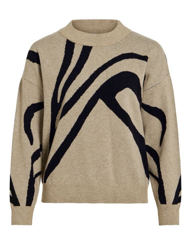 Pullover Vitif Knit von VILA in Natural Melange Black/Animal mit Jacquard-Muster, Halterneck und überschnittenen Schultern