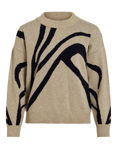 Pullover Vitif Knit von VILA in Natural Melange Black/Animal mit Jacquard-Muster, Halterneck und überschnittenen Schultern
