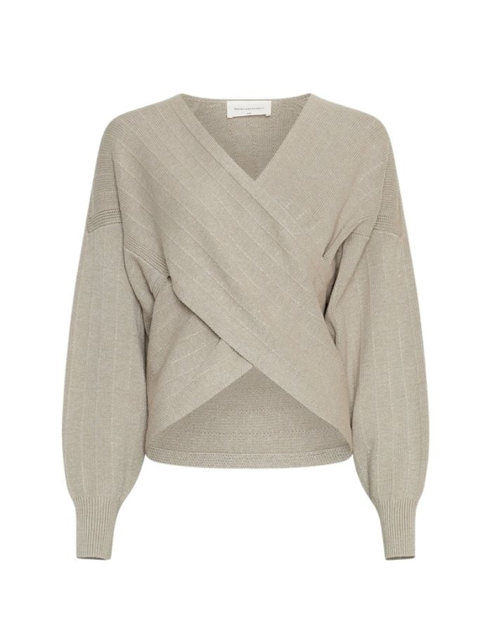 Zine Rachelle Wrap Pullover von MSCH Copenhagen in Warm Light Grey Melange – reguläre Passform, Wickeloptik, lange Ärmel mit überschnittenen Schultern, weiches Strickmaterial.