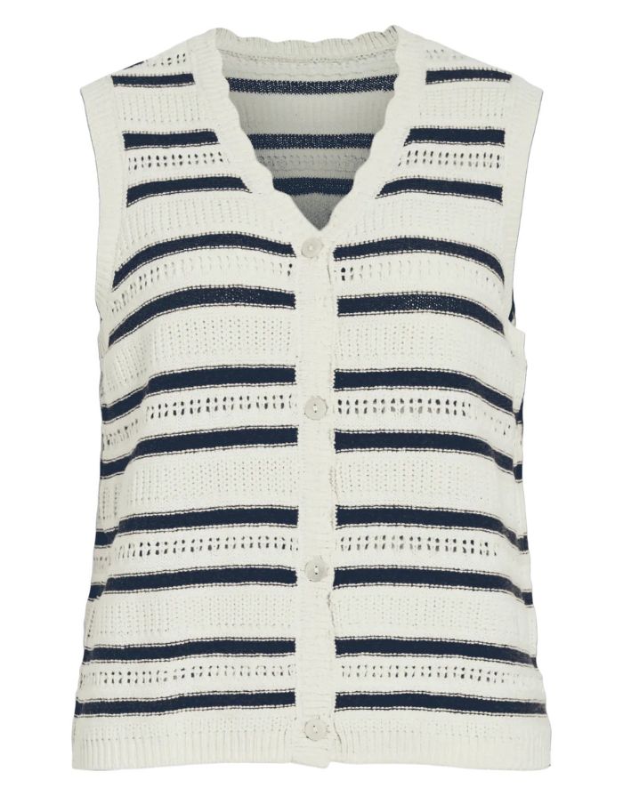 VILA Vikenga Knit Pullunder-Cardigan in Creme mit navyblauen Streifen und Knopfleiste.