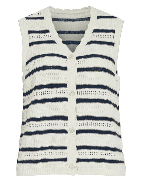 VILA Vikenga Knit Pullunder-Cardigan in Creme mit navyblauen Streifen und Knopfleiste.