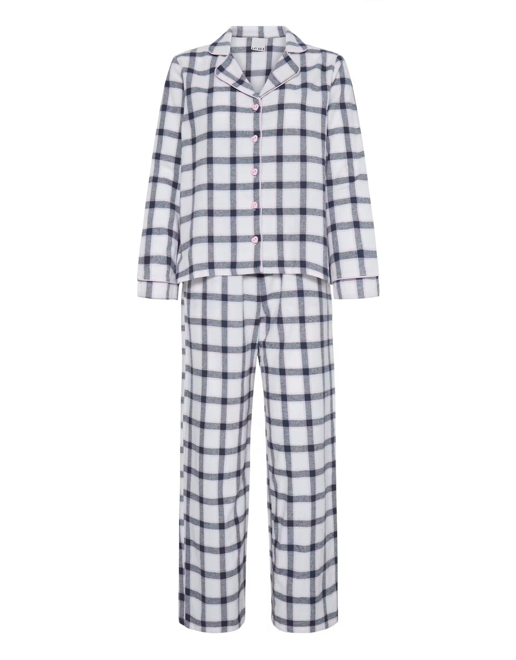 Pyjama lacoco von ICHI im Design White Check, zweiteiliges Nachtwäsche-Set aus Baumwolle mit kariertem Muster, langärmligem Oberteil, Reverskragen und passender Pyjamahose.