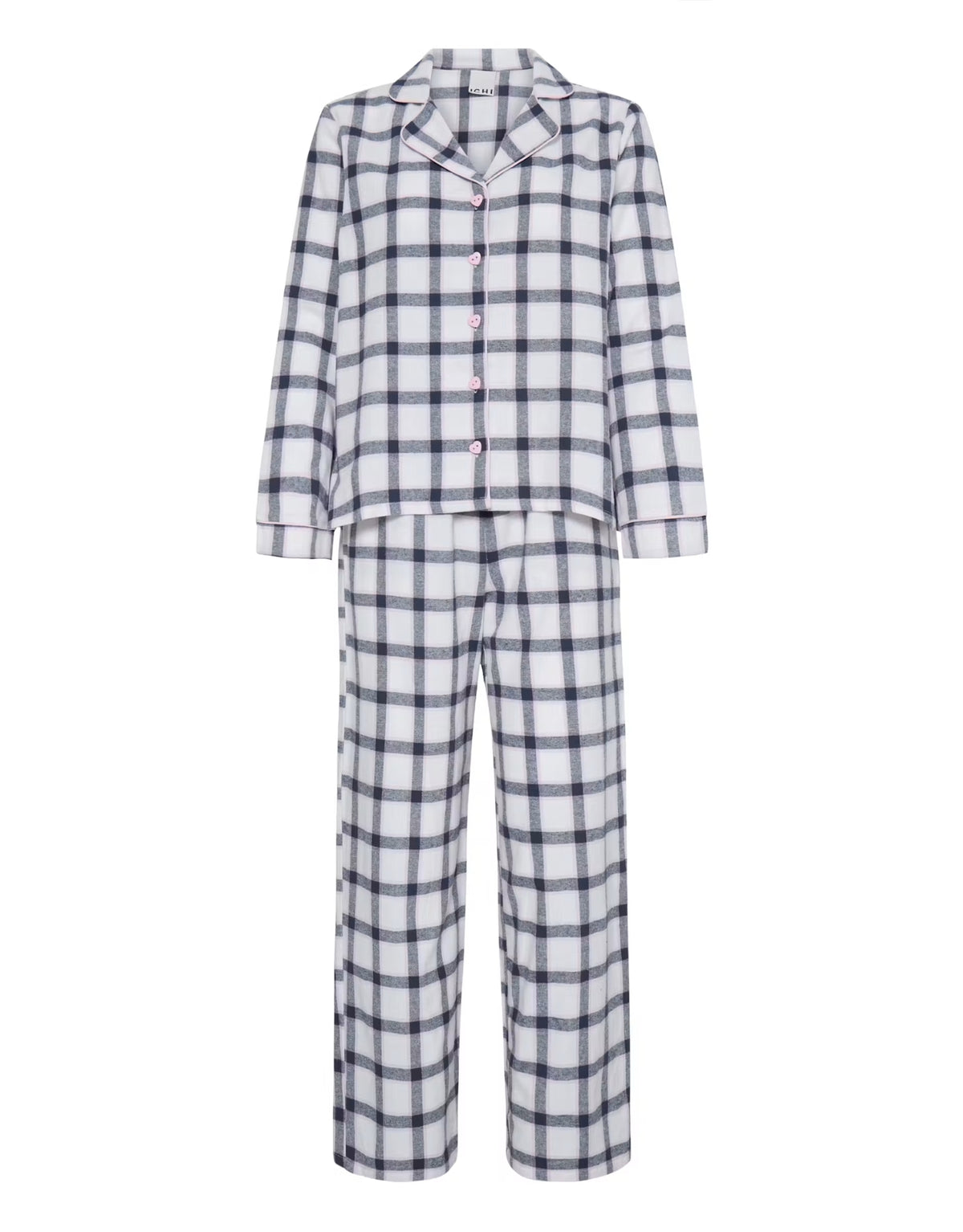 Pyjama lacoco von ICHI im Design White Check, zweiteiliges Nachtwäsche-Set aus Baumwolle mit kariertem Muster, langärmligem Oberteil, Reverskragen und passender Pyjamahose.