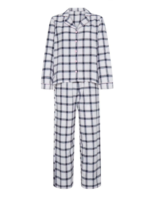 Pyjama lacoco von ICHI im Design White Check, zweiteiliges Nachtwäsche-Set aus Baumwolle mit kariertem Muster, langärmligem Oberteil, Reverskragen und passender Pyjamahose.