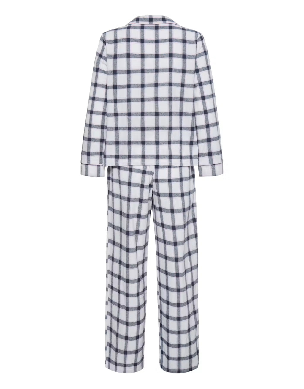 Pyjama lacoco von ICHI im Design White Check, zweiteiliges Nachtwäsche-Set aus Baumwolle mit kariertem Muster, langärmligem Oberteil, Reverskragen und passender Pyjamahose.