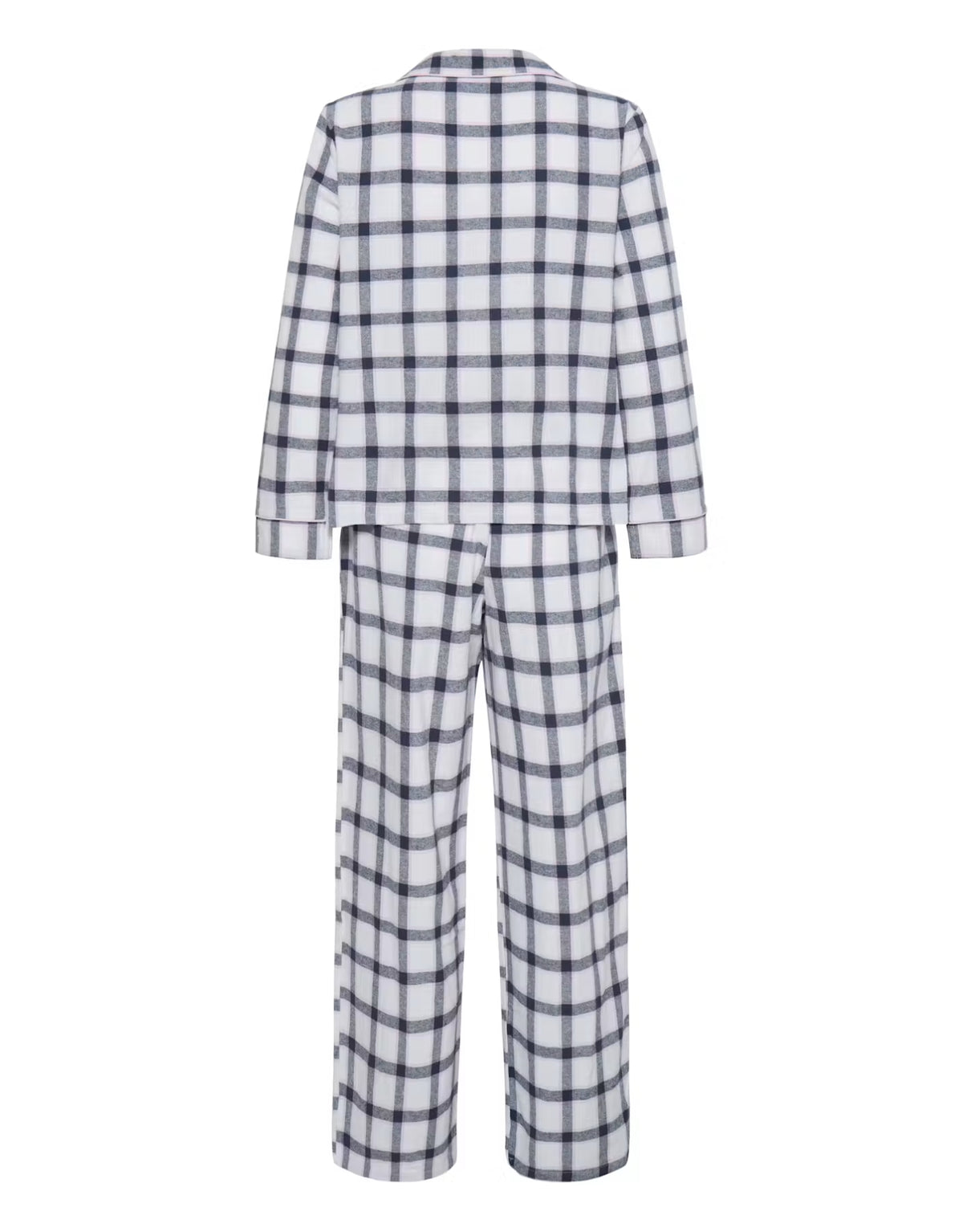 Pyjama lacoco von ICHI im Design White Check, zweiteiliges Nachtwäsche-Set aus Baumwolle mit kariertem Muster, langärmligem Oberteil, Reverskragen und passender Pyjamahose.