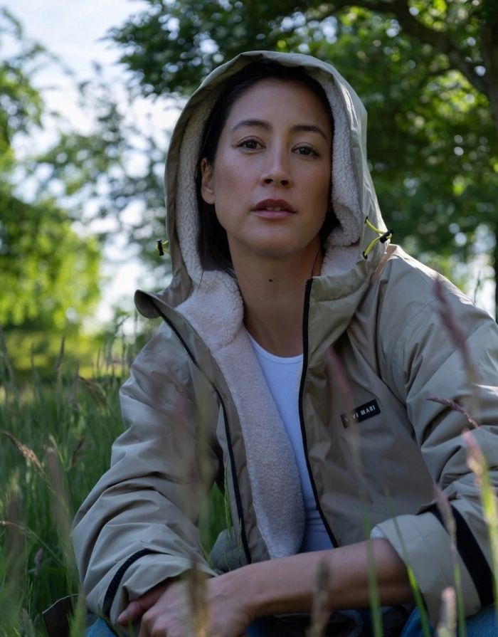 Wasserdichter VIVI MARI Rain Parker in Pale Olive mit weichem Teddy-Fleece, verstellbarer Kapuze und lockerem, längerem Schnitt.