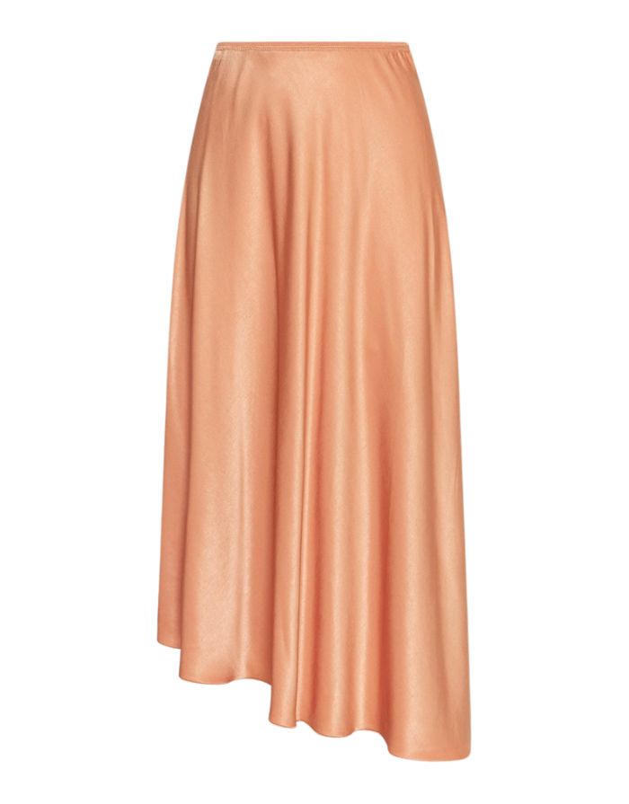  MSCH Copenhagen Rock Bethanie Ullas Caramel in Satin-Optik mit asymmetrischem Saum und fließender Silhouette.